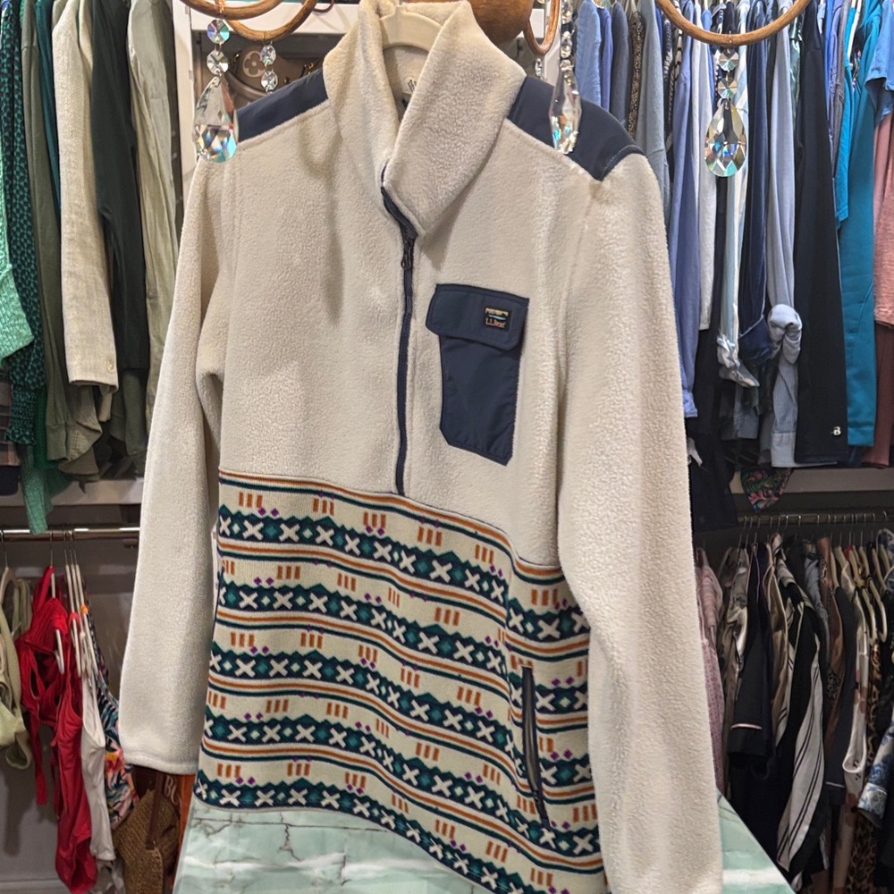 LL Bean Zip-Up Sweater in Cream and Blue